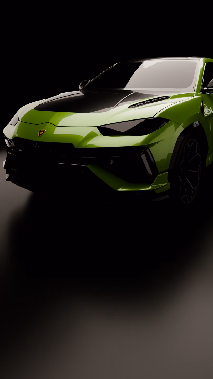 A green Lamborghini Urus in a black studio under one softbox; the camera stops on the front end, a wheel, the paint, the taillights, the badges, the glass, the roof and the whole car